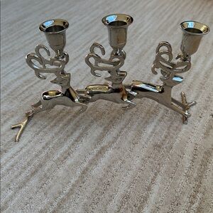 Like New: Christmas Chrome Silver Reindeer Candle Holder Trio Mantle Centerpiece